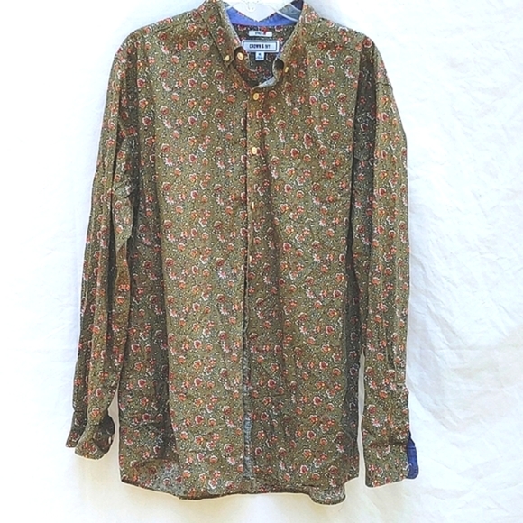 Looking sharp! Men's Crown & Ivy LS button down, brown, orange, & blue floral - Picture 1 of 13